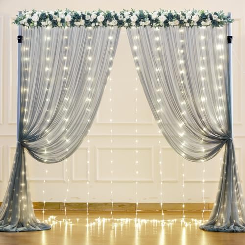 Silver Grey Tulle Backdrop Curtain with Lights String for Parites 10x8ft Sheer Backdrop Curtains for Birthday Party Bridal Shower Baby Shower Wedding Ceremony Prom Photo Booth Background Decorations - Image 2
