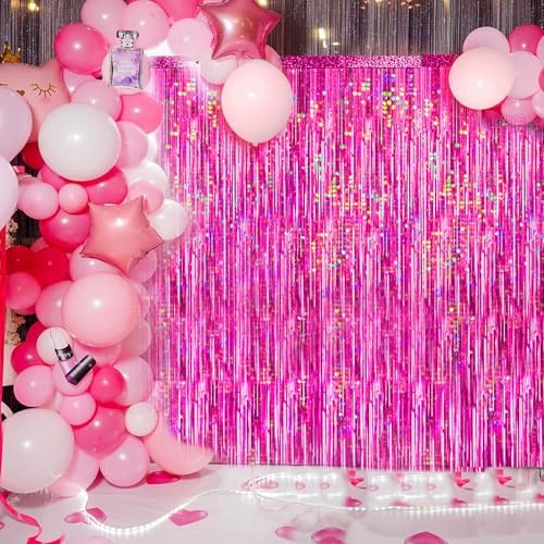 4 Packs Hot Pink Foil Fringe Curtain, Pink Glitter Metallic Tinsel Backdrop for Birthday, Wedding, Baby Shower, Bachelorette Cowgirl Princess Party Decorations Supplies - Image 2