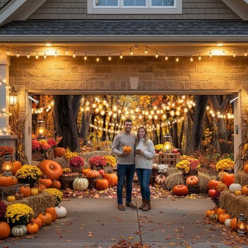 Fall Garage Door Cover 8x6ft Pumpkin Forest String Lights Autumn Decor - Image 7