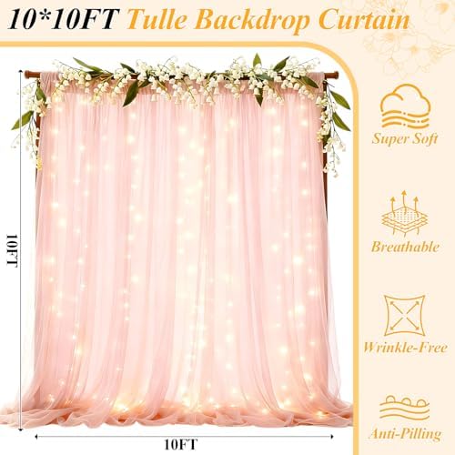 Ledido 10×10ft Pink Tulle Backdrop Curtain with Light(8 Panels 5×10ft) - Image 2