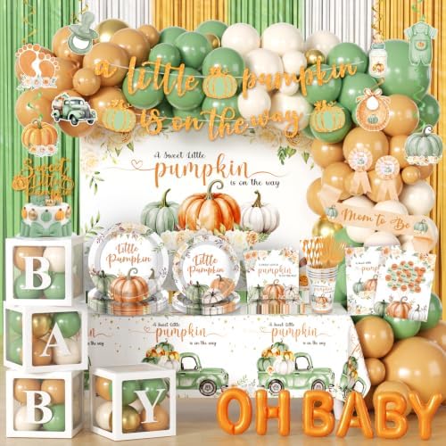 Little Pumpkin Baby Shower Decorations, 329Pcs Green And Orange by Biswiter