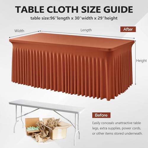 Wish Care 6 Pack Rust Spandex Table Clothes for 8 Foot Rectangle Tables, 8FT Wrinkle Free Fitted Tablecloths Ruffles Design Table Cloth for Party, Banquet, Wedding and Events - Image 5