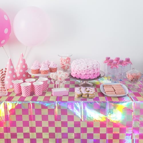 6 Pack Pink and Iridescent Checkered Plastic Tablecloth, Shiny Disposable Laser Rectangle Table Covers, Holographic Foil Tablecloth Iridescent Party Decorations for Picnic Camping Outdoor, 54x108Inch - Image 6