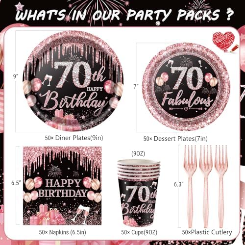 250PCS 70th Birthday Party Decorations for 50 Guests Black and Rose Gold Party Supplies for Women Include Disposable Paper Plates, Napkins, Cups, and Disposable Plastic Cutlery (70) - Image 2