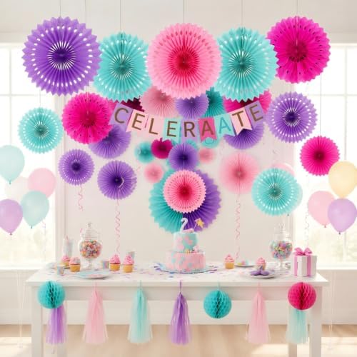 12PCS Hot Pink Purple and Pastel Blue Paper Fans Party Decorations,Hanging Ceiling Honeycomb Round Tissue Paper Fans for Girls Baby Shower Ocean Theme Under The Sea Birthday Party Decorations - Image 2