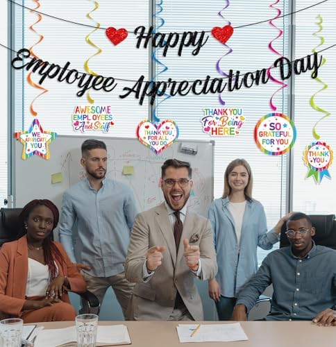 Black Glittery Happy Employee Appreciation Day Banner and Staff Appreciation Hanging Swirl Decorations Thank You Employee Garland Banner Employee Appreciation Day Party Decorations Supplies - Image 5