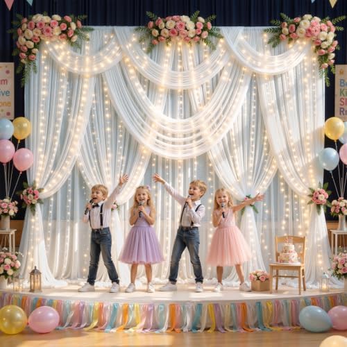 Wish Care 20x10FT White Wrinkle Free Backdrop Curtains with Lights String for Parties - Photo Curtain Backdrop with Lights for Wedding Decorations, Bridal Baby Shower Birthday Party Photography - Image 2