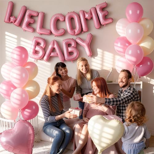 Pink Baby Shower Decorations for Girl, WELCOME BABY Girl Letter Foil Balloons Banner Backdrop with Retro Pastel Pink Cream Beige Latex & Heart Balloon for Princess Newborn Gender Reveal Party Decor - Image 5