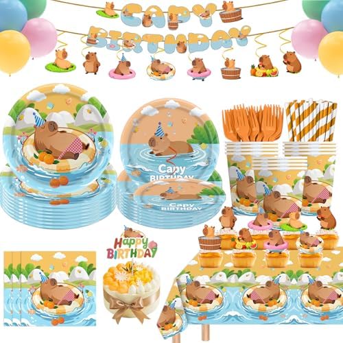 Capybara Birthday Decorations Tableware Set, Includes Banner, Cake Topper, Balloons, Plates and Napkins for Capybara Birthday Party, Service 20 Guests by Unknown