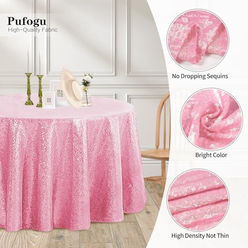 Pufogu 50" Round Pink Sequin Tablecloth Glitter Pink Table Cloths for Birthday Wedding Bridal Baby Shower Party Decorations - Image 3