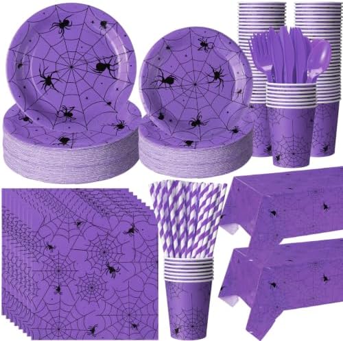 Funnymoom 452 Pcs Purple Halloween Spiderweb Party Supplies, Serve 50 Guest by Funnymoom