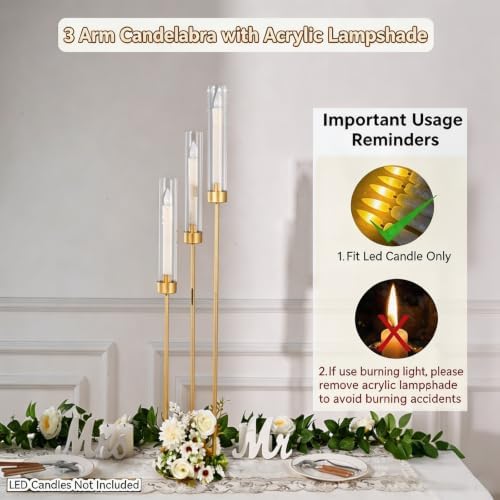 34in 4PCS Gold 3-Arm Candelabra Wedding Centerpieces for Tables - Image 5