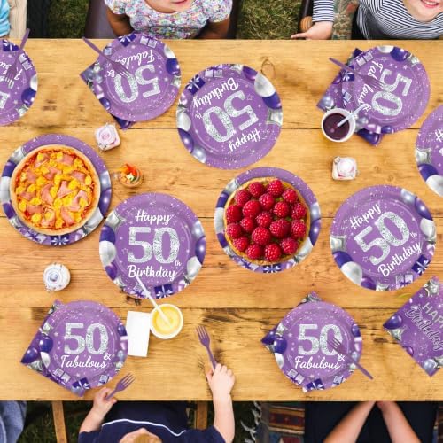 96Pcs Purple and Silver 50th Birthday Party Decorations for Women Serves 24 - Image 7