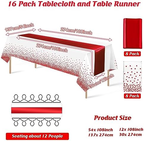 16Pack Disposable Plastic Tablecloths and Satin Table Runner Set White and Red Dot Tablecloth Red Satin Table Runner for Wedding Birthday Baby Shower Anniversary Christmas New Year Party Supplies - Image 2