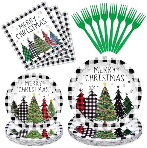96 Pieces Christmas Tree Tableware Party Supplies – Black and White Buffalo Plaid Disposable Dinnerware with Paper Plates, Napkins, and Plastic Forks for Rustic Winter Celebration – Serves 24 by GistomeHome