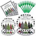 96 Pieces Christmas Tree Tableware Party Supplies – Black and White Buffalo Plaid Disposable Dinnerware with Paper Plates, Napkins, and Plastic Forks for Rustic Winter Celebration – Serves 24 by GistomeHome