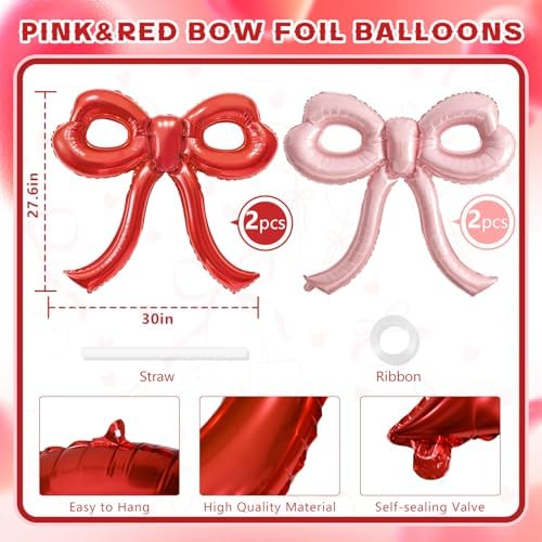 4 Pcs Red and Pink Bow Balloons Bow Party Decorations for Girl Women Pink Bow Birthday Decorations for Baby Shower Engagement Wedding Christmas Decor Bachelorette Party Supplies - Image 2