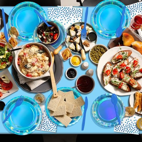 Iridescent Blue Party Supplies Decorations Serve 25, Holographic Blue Paper Plates and Napkins, Disposable Iridescent Party Plates Cups Napkins for Wedding Anniversary Birthday Bridal Shower Party - Image 6