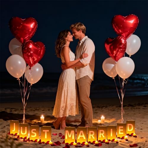 Just Married Light Up Letters, Include Light up Letters, with Tea Lights Candles, Latex Balloons, Aluminum Balloons and Rose Petals, Luminary Paper Bags for Just Married Banner and Decorations - Image 6