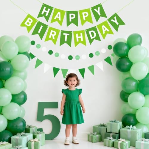 Green Happy Birthday Banner Hanging Sign Circle Dot Triangle Bunting - Image 5