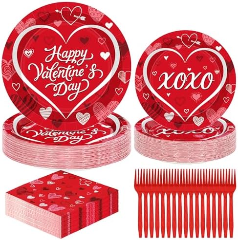 QZYL 24 Sets Valentines Plates and Napkins, Disposable Paper Round Valentine Party Supplies, 9" and 7" Red Valentines Plates Sets, Love Table Decorations Galentines Dinnerware for Romantic Festivals by QZYL