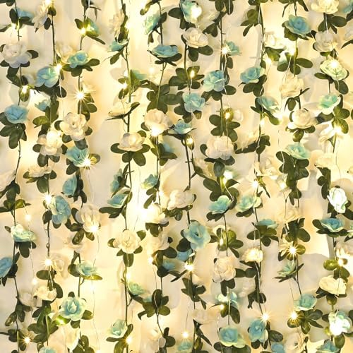 5Pcs 41Ft Flower Garland with Lights Blue & White Floral Garland Rose Vines by MARTINEMALL