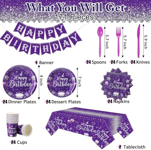 Vesici 171 Pcs Happy Birthday Party Supplies 24 Set Table, Purple, Silver - Image 3