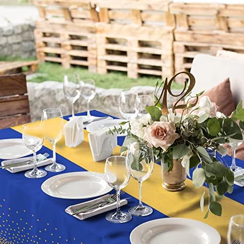 12Pack Disposable Plastic Tablecloths and Satin Table Runner Set Blue and Gold Dot Tablecloth Gold Satin Table Runner for Wedding Birthday Baby Shower Anniversary Christmas New Year Party Decorations - Image 4