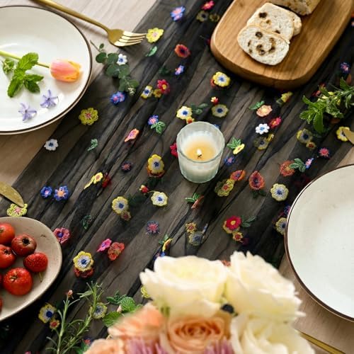 Artoid Mode Black Embroidery Daisy Gauze Table Runner 59x120 Inch 10FT - Image 2