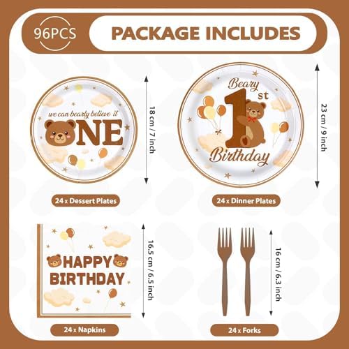 Grencian 96Pcs Brown Beary First Birthday Party Decoration, Serve 24 - Image 5