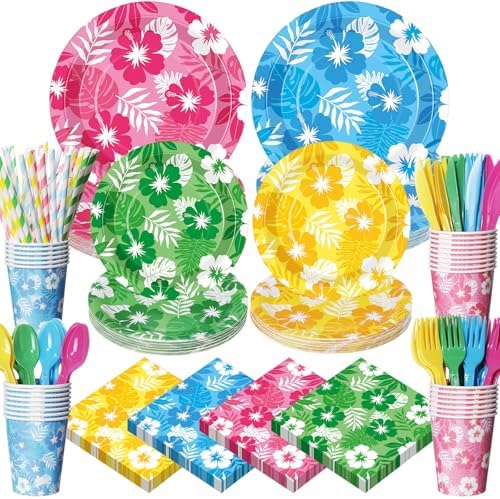 450 Pcs Hawaiian Leaves Flowers Tableware Set, Serve 50, Colorul by Unknown