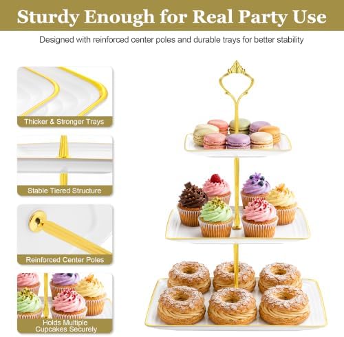 8 Pcs Dessert Display Set, 2 3-Tier Cupcake Stands, 4 Trays & 2 Tongs - Image 4