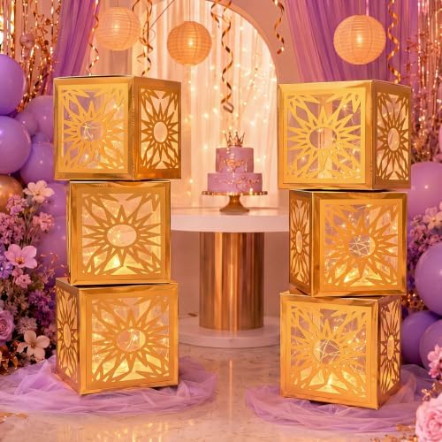 Novabright 6 Sets Princess Sun Party Decoration Boxes with Lights Large 12 Inch Gold Lantern Boxes for Princess Birthday Wedding Decor - Image 4