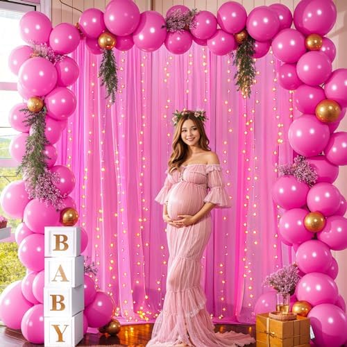 10×10ft Hot Pink Tulle Backdrop Curtain with Lights String for Parties, Sheer Photo Backdrop Curtains for Wedding Party Photography Background - Image 4