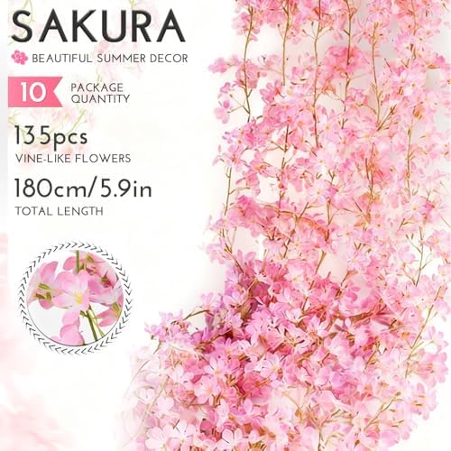 YRIOWMI 10PCS 59FT Artificial Silk Cherry Blossom Garland, Hanging Sakura Flower Vines for Wedding Party Home Arch Office Sakura Decor (Pink) - Image 2