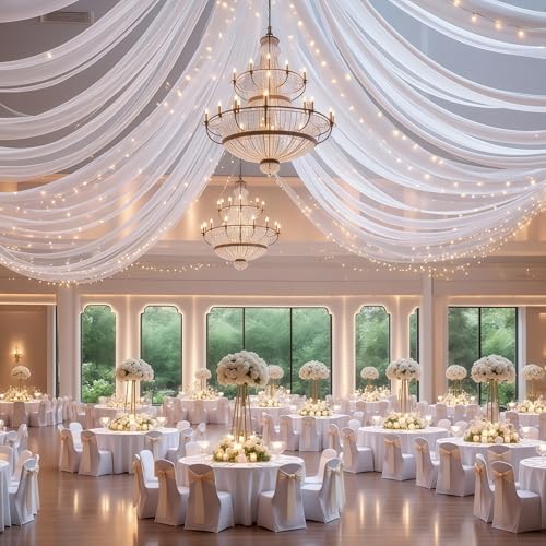 6 Panels White Ceiling Curtains with Lights for Weddings - 5ftx20ft Wrinkle-Free Tulle Fabric Wedding Arch Draping Ceiling Drapes Decorations for Wedding Party Ceremony Stage Tent Event - Image 6