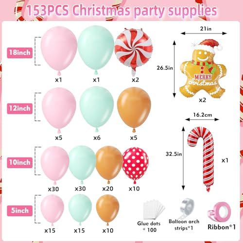 153Pcs Christmas Balloon Arch Garland Kit Xmas Pastel Pink Green Brown Latex Balloons Gingerbread Man Candy Cane Foil Balloons Arch Kit for Christmas New Year Party Birthday Party Decorations - Image 2