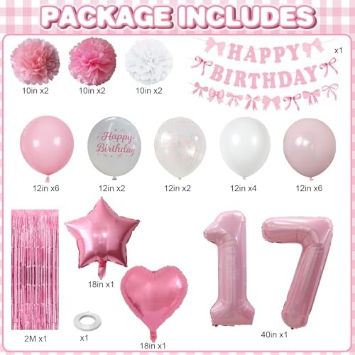 17th Birthday Decorations Girls Pink Number 17 Balloon Bow Coquette Party - Image 3