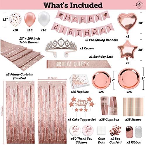 225 PC Rose Gold Birthday Party Decorations Kit for Girls, Teens, Women - Happy Birthday Banner, Curtains, Table Runner, Balloons, Sash, Tiara, Cake Topper, Plates, Cups, Napkins, Straws for 25 Guests - Image 4