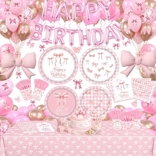 219Pcs Pink Bow Birthday Decorations, Coquette Tableware Set 24 Guests by Unknown