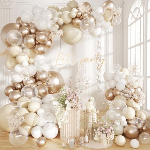 White Sand Metallic Champagne Gold Balloons Garland Arch Kit,152PCS White Neutral Balloons with Clear Balloons for Birthday Wedding Baby Shower Bridal Shower Engagement Anniversary Decoration by Futureferry