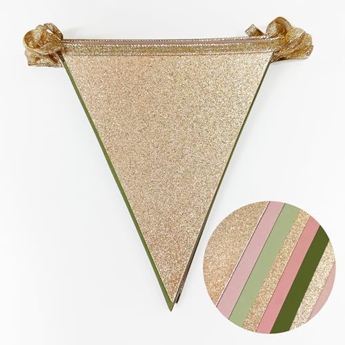 Sage Green Dusty Rose Pink Champagne Gold Pennant Banner Flag Hanging Glitter Paper Triangle Bunting for Jungle Safari Woodland Themed Birthday Wedding Wild Party Decorations Supplies - Image 3