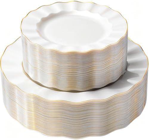 120PCS Pearl White Plastic Plates, Wavy Plates with Gold Rim by QualQuot