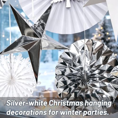 Christmas Snowflake Decorations, White Paper Snowflakes Hanging Decor, Winter Wonderland Snowflake Paper Fans, Silver Paper Stars, Tinsel Garland for Xmas Wall Backdrop Frozen Birthday Party Supplies - Image 5