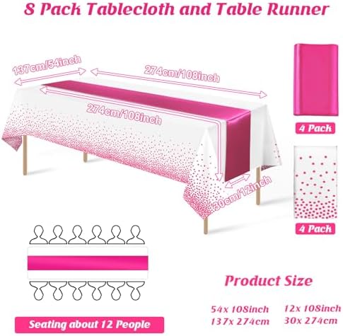 MASHAN 8Pack Disposable Plastic Party Tablecloths & Satin Table Runner Set - White Hot Pink Dot - Wedding, Birthday, Baby Shower - 54 x 108 Inch - Image 2