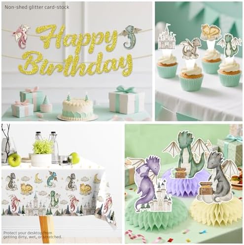 218Pcs Dragon Birthday Party Decorations Tableware Set Serves 25 Guests, Dragon Party Supplies Includes Banner, Backdrop, Plates, Tablecloth, Cake Topper, Cupcake Toppers - Image 6