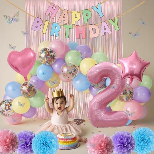 Pastel 2nd Birthday Colorful Party Decorations Girls Pink Number 2 Balloon - Image 3