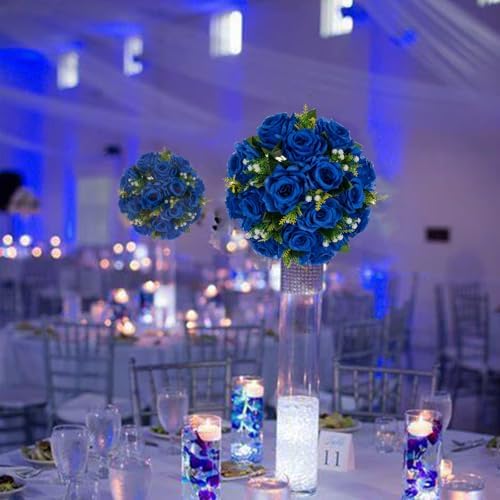 BLOSMON Royal Blue Artificial Flowers: 6 Pcs Fake Roses Flower Ball Centerpieces for Wedding Dinning Table - Faux Silk Kissing Bouquet with Base Floral Arrangement for Home Party Event Decor - Image 3