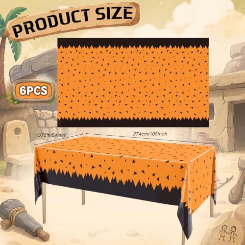 6 Pcs 51 x 87 In Prehistoric Cartoon Plastic Tablecloths, Orange and Black - Image 3