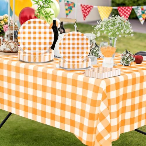146PCS Orange Gingham Party Supplies Paper Plates and Napkins Serve 36 - Image 5
